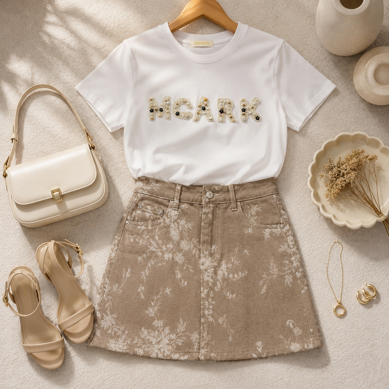 Saia Denim Floral Areia