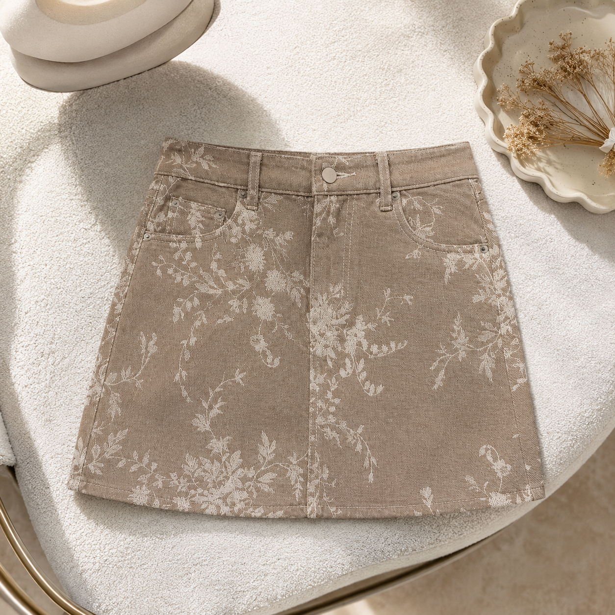 Saia Denim Floral Areia