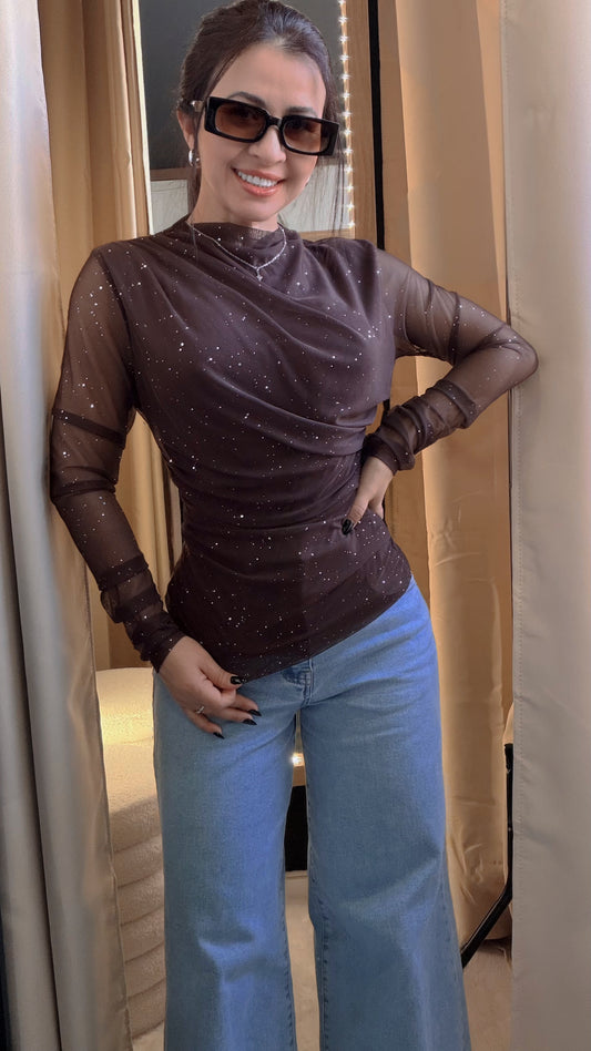 Blusa Tule Brilhante Glam Drapeada