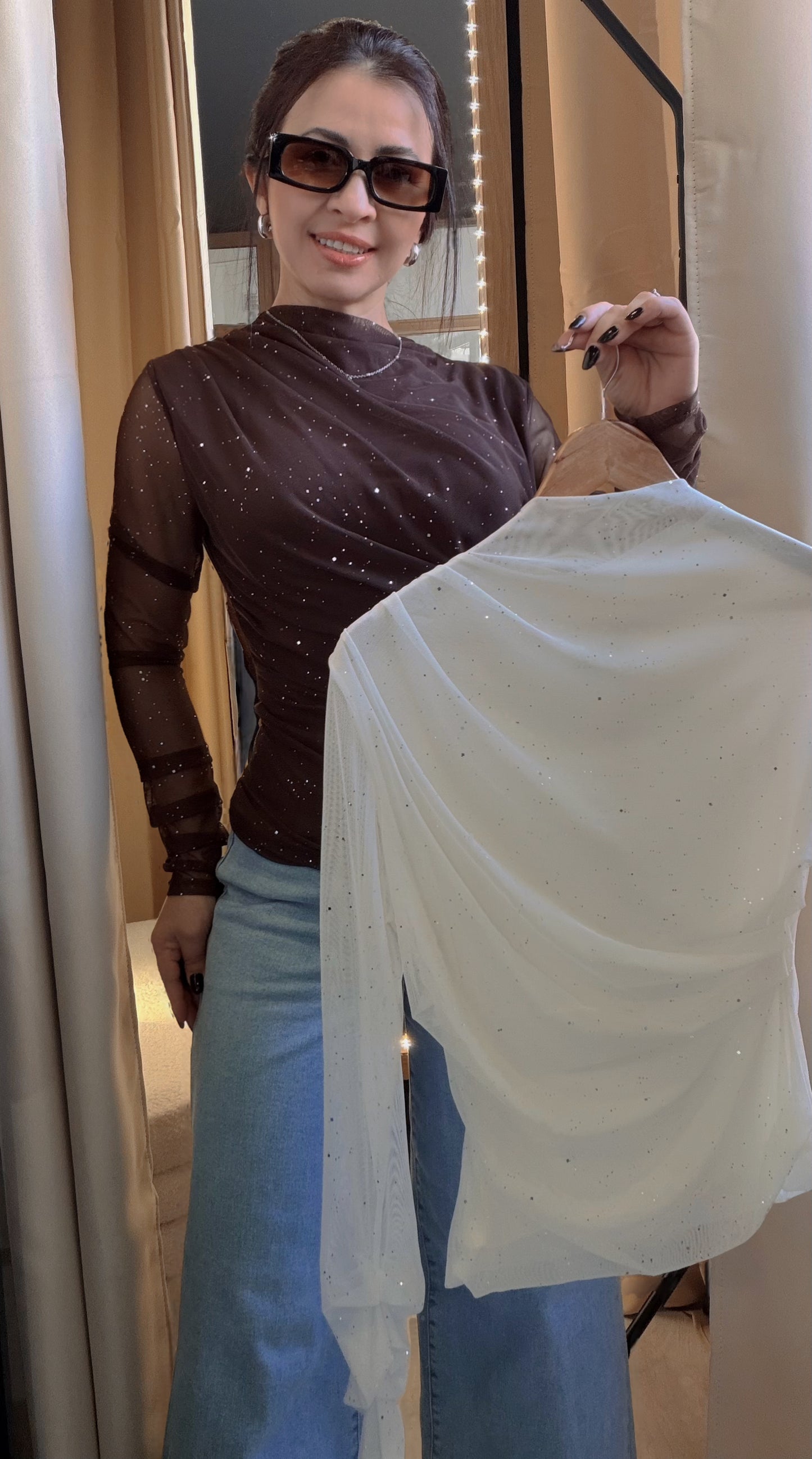 Blusa Tule Brilhante Glam Drapeada