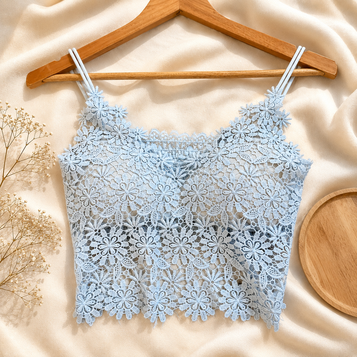 Top Rendado Floral Azul Claro